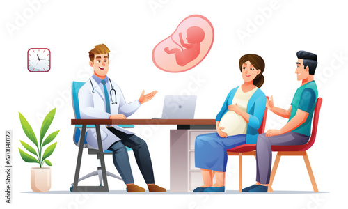 Doctor explains about pregnancy to pregnant woman and her husband. Consultation and check up during pregnancy concept. Vector cartoon character illustration