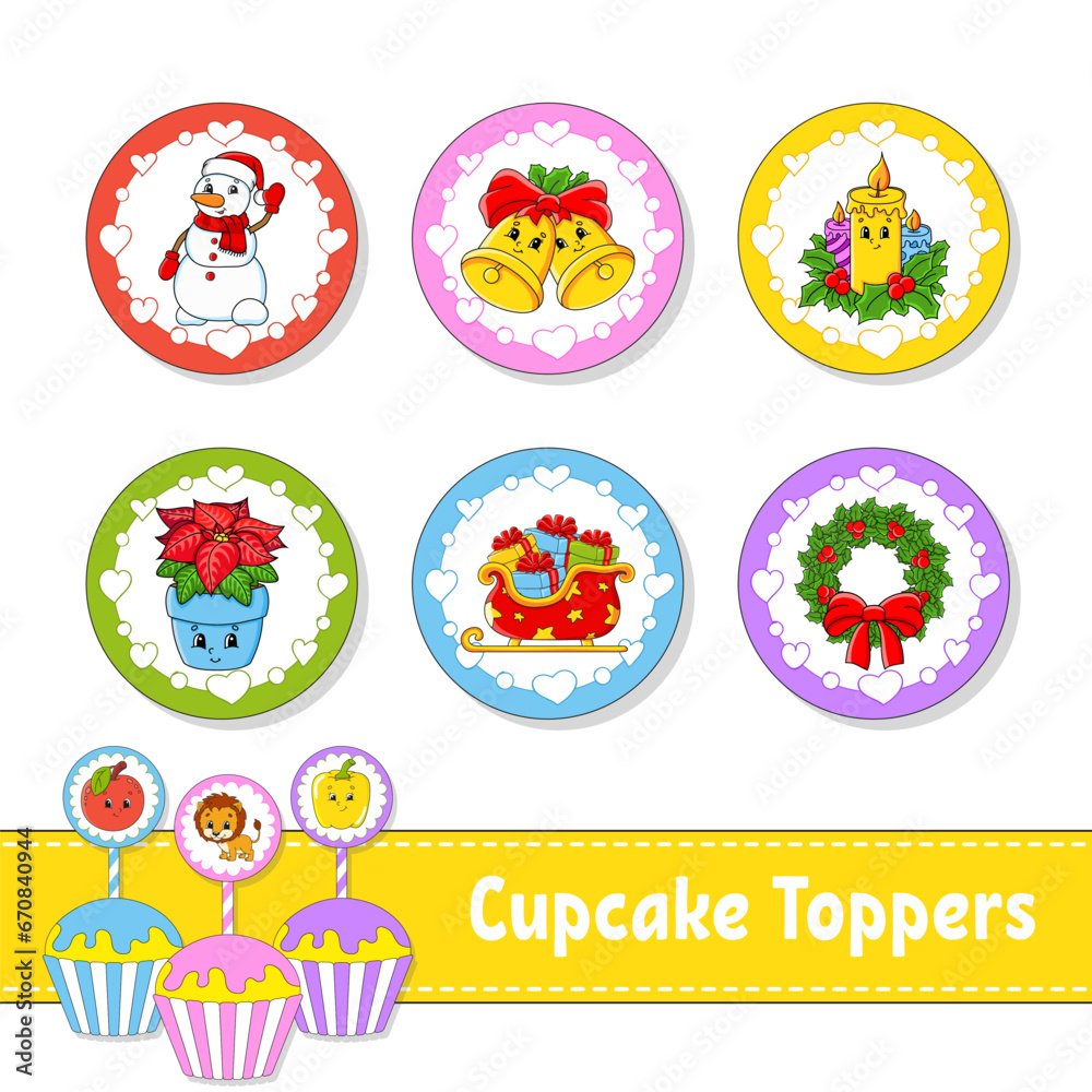 Cupcake Toppers. Set of six round pictures. cartoon characters. Cute image. For birthday, baby shower. Isolated on white background. Vector illustration.