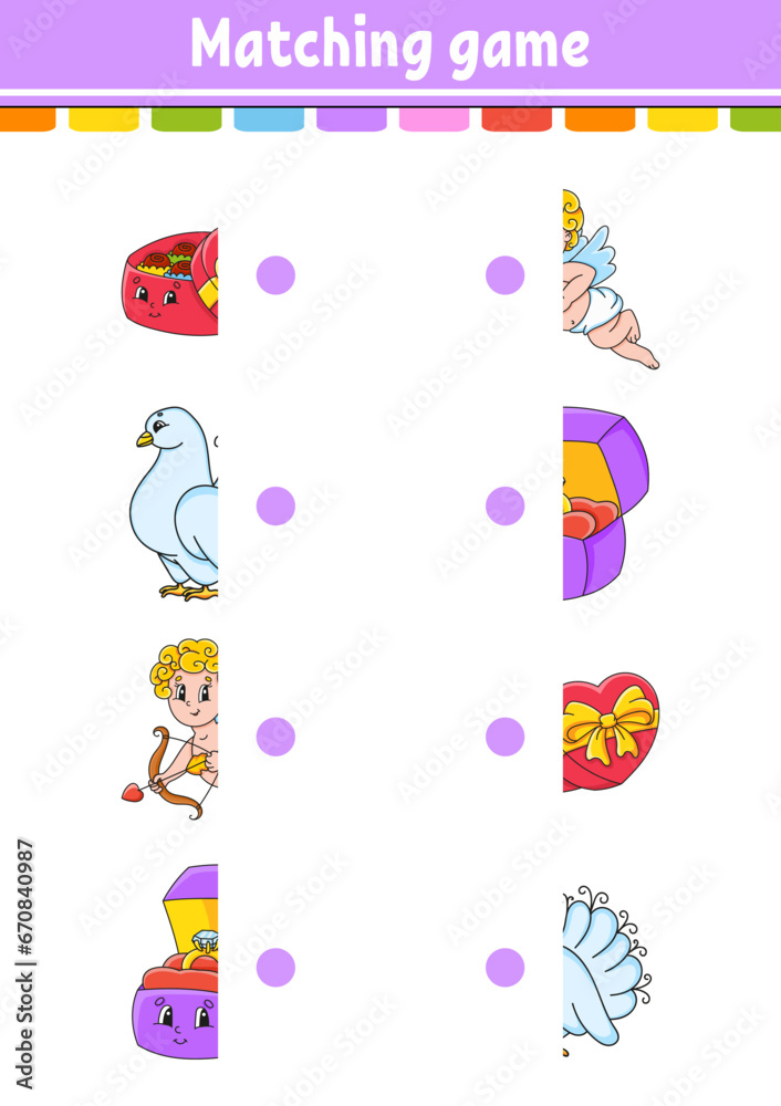 Matching game. Draw a line. Education developing worksheet. Activity page with color pictures. Riddle for children. Cute character. Cartoon style. Vector illustration.