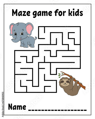 Square maze. Labyrinth conundrum. Game for kids. Puzzle for children. Cartoon character. Isolated on white background. Vector illustration.