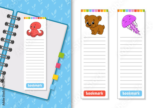 Set of paper bookmarks for books with cute cartoon characters. For kids. Isolated on white background. Vector illustration.