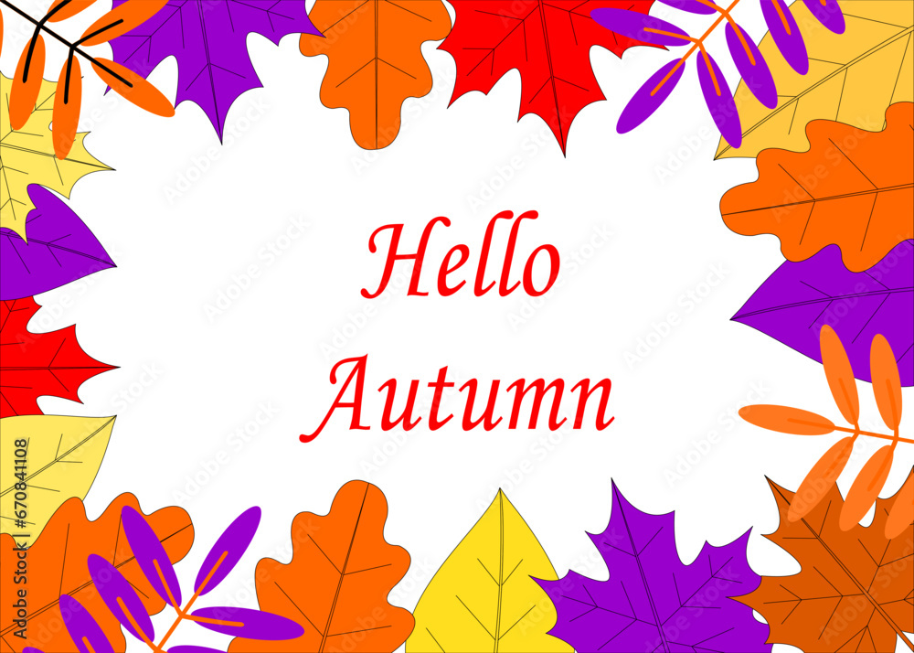 Hello autumn! Hand drawn landscape of different colored autumn leaves on a white background. Sketch, design element. Vector illustration. Hello autumn! Hand drawn landscape of different colored autumn leaves on a white background. Sketch, design element. Vector illustration.