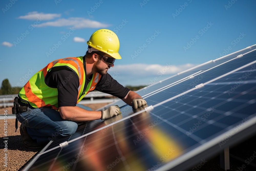 Solar panel technician with drill installing solar panels on house roof on a sunny day. Solar panel technician with drill installing solar panels on house roof on a sunny day.