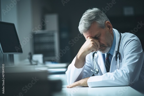 Headache, stress and doctor working in his office doing medical research or analyzing test results. Burnout, exhausted and frustrated healthcare worker in a consultation room writing hospital report. photo