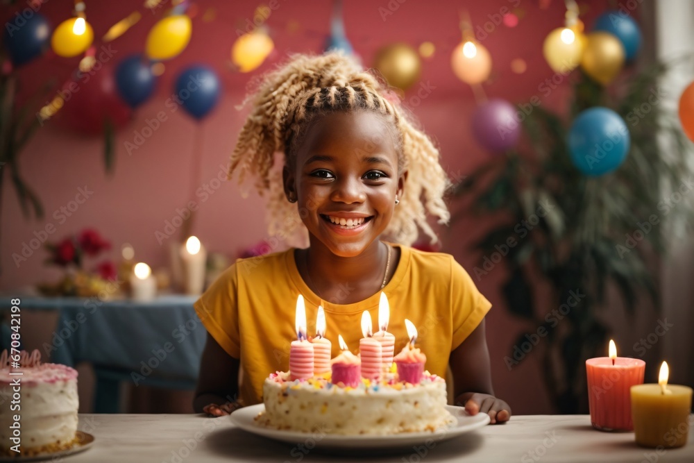 Beautiful happy and smirking young african girl celebrating her birthday with birthday cake with candles while smiling at the camera, child birthday celebration. Generative Ai. Beautiful happy and smirking young african girl celebrating her birthday with birthday cake with candles while smiling at the camera, child birthday celebration. Generative Ai.