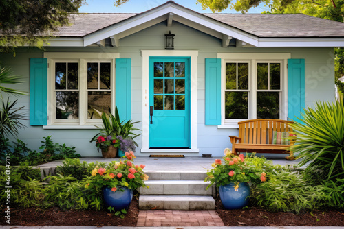 Contemporary Cottage style Home with a Turquoise Entrance Door