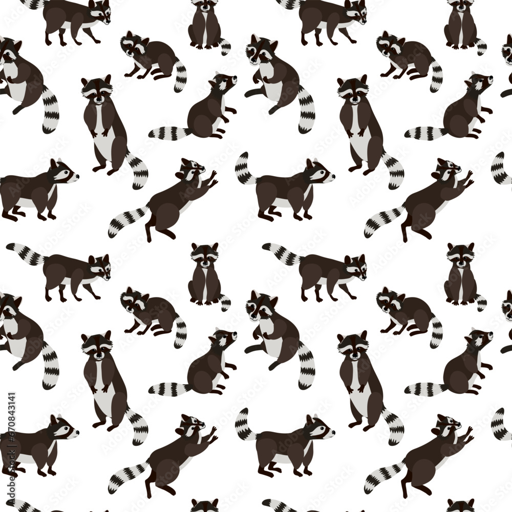 vector drawing seamless pattern with raccoons, hand drawn animals at white,cartoon style background for children textile or wallpaper