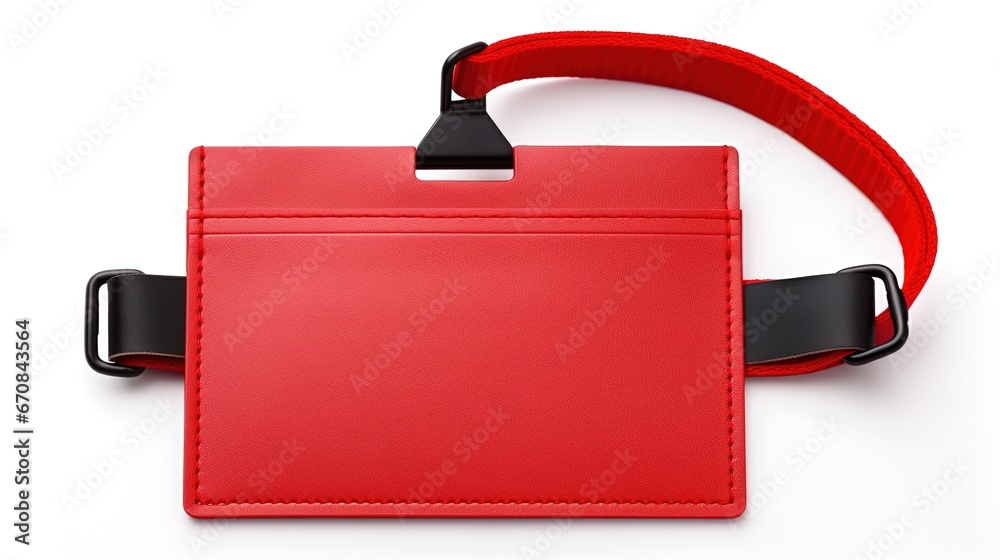 Blank ID card holder isolated with red neck strap, on glossy white desk Blank ID card holder isolated with red neck strap, on glossy white desk