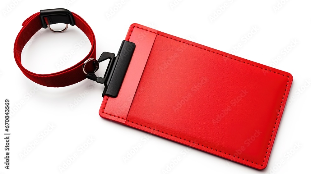Blank ID card holder isolated with red neck strap, on glossy white desk Blank ID card holder isolated with red neck strap, on glossy white desk