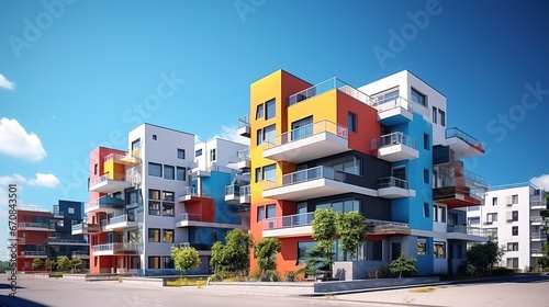 Colorful housing. A housing complex, apartment or multi-floor residential building with each unit in different colors. Blue sky in the background photo