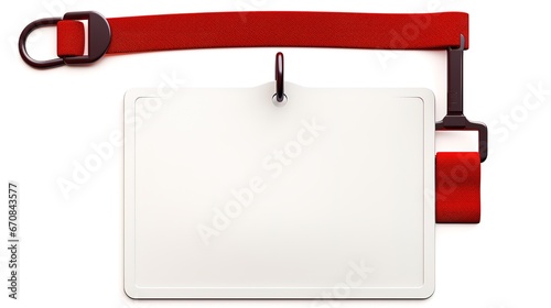 Blank ID card holder isolated with red neck strap, on glossy white desk photo