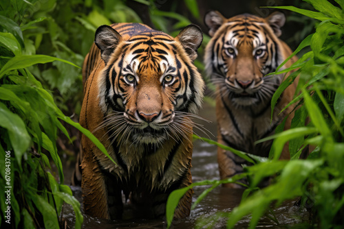 Male tigers in the Indian jungle during monsoon season © Kien