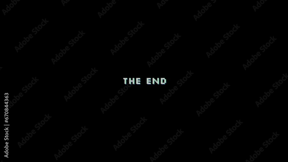 Text animation - The end - with glitch and VHS noise effect on letters on black background