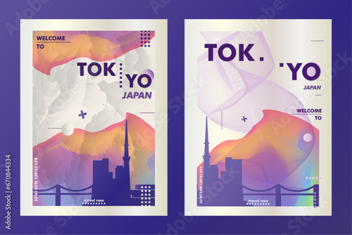 Japan Tokyo city poster pack with abstract skyline, cityscape, landmark and attraction. Travel vector illustration layout set for vertical brochure, website, flyer, presentation