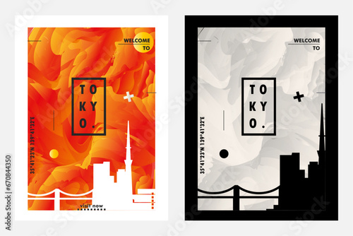 Japan Tokyo city poster pack with abstract skyline, cityscape, landmark and attraction. Travel vector illustration layout set for vertical brochure, website, flyer, presentation