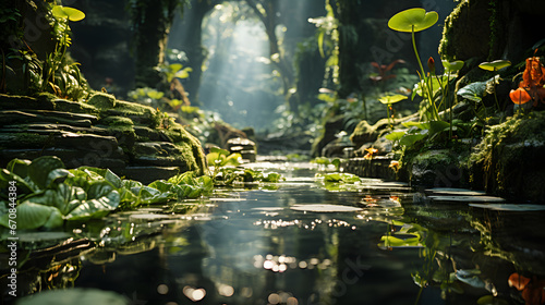 Jungle filled with lush greenery. A small river flows gently through the dense foliage, reflecting the play of sunlight on its surface.