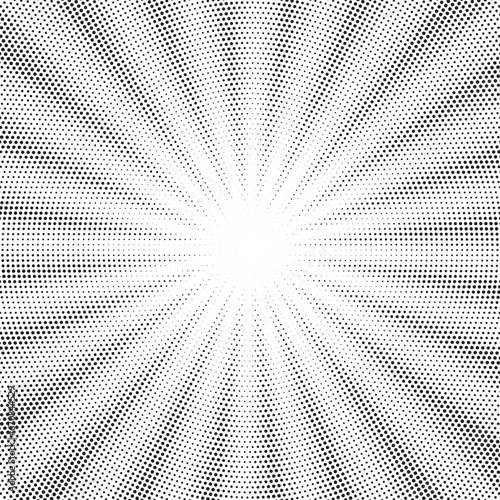Halftone gradient sun rays pattern. abstract halftone vector dots background. monochrome dots pattern. pop art, comic small dots. star rays halftone poster. shine, explosion. sunrise rays background.