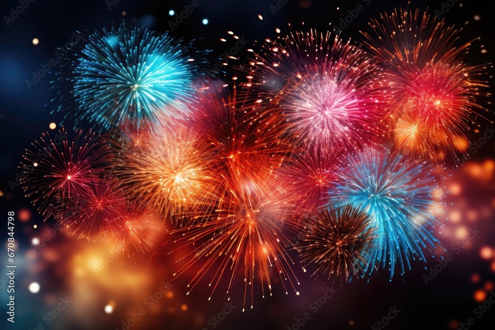 A festive background image tailored for creative content, New Year-themed, showcasing colorful fireworks lighting up the sky to evoke a celebratory and vibrant atmosphere. Photorealistic illustration