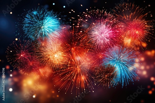 A festive background image tailored for creative content  New Year-themed  showcasing colorful fireworks lighting up the sky to evoke a celebratory and vibrant atmosphere. Photorealistic illustration