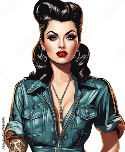 Retro charm: Rockabilly woman clipart png vintage pin-up girl clipart 1950s old fashioned woman rock and roll Tattooed Lady fashion style