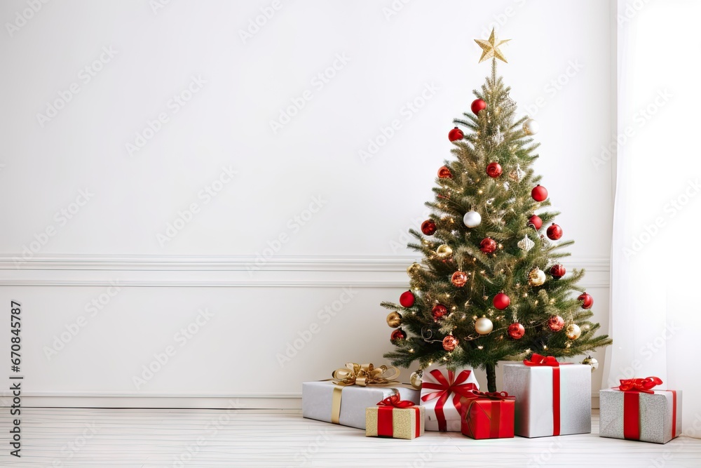 Festive elegance. Beautifully decorated christmas tree in bright room. Seasonal splendor. Classic holiday decor illuminated