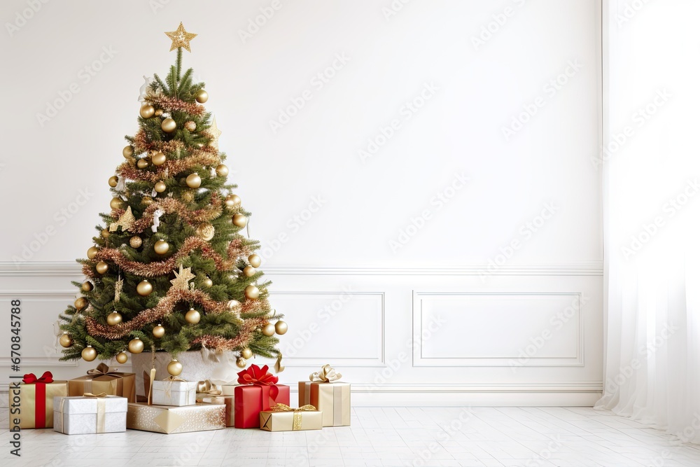 Festive elegance. Beautifully decorated christmas tree in bright room. Seasonal splendor. Classic holiday decor illuminated