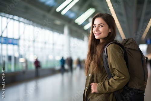 Beautiful Young woman traveler in international airport with backpack ,Beautiful young tourist girl with backpack in airport terminal, on travelator