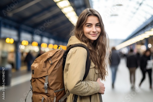 woman traveler with backpack in the railway, Backpack at the train station with a traveler, Travel concept. Woman traveler tourist walking at train station