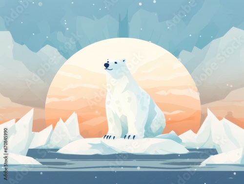 Polar bear on iceberg in the ocean on the background of the setting sun
