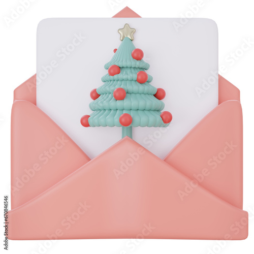 3d rendering Christmas card in envelope isolated on transparent background.