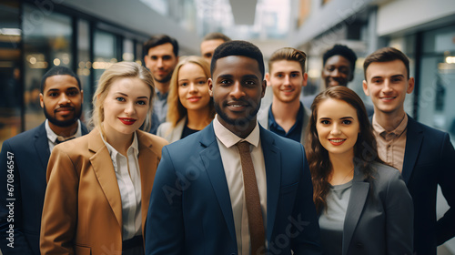 A diverse group of business professionals, a modern multi-ethnic business team, standing together and looking at the camera in a portrait shot, photo