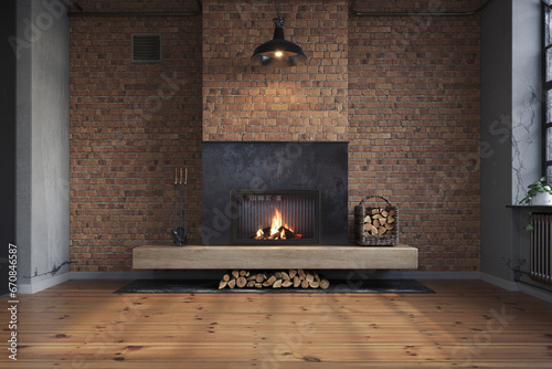 Fototapeta Naklejka Na Ścianę i Meble -  Industrial brick living room interior design. Loft Apartment with fireplace and hardwood flooring, 3d render 