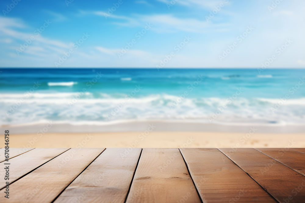 Fototapeta premium Empty wooden table light brown wood texture Blurred background, sea view and beach