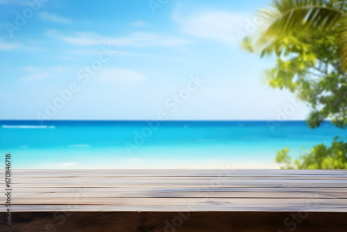 Empty wooden table light brown wood texture Blurred background, sea view and beach © WITCHA