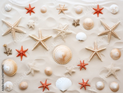 Seashells and starfish on the sand. Background.
