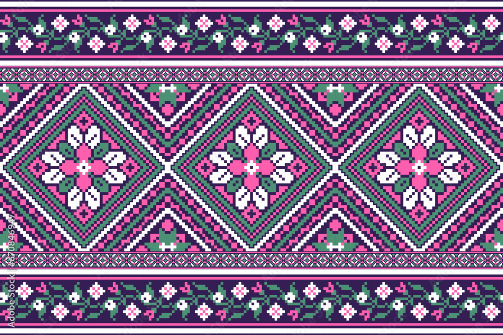 flower embroidery on purple background. ikat and cross stitch geometric seamless pattern ethnic oriental traditional. Aztec style illustration design for carpet, wallpaper, clothing, wrapping, batik.