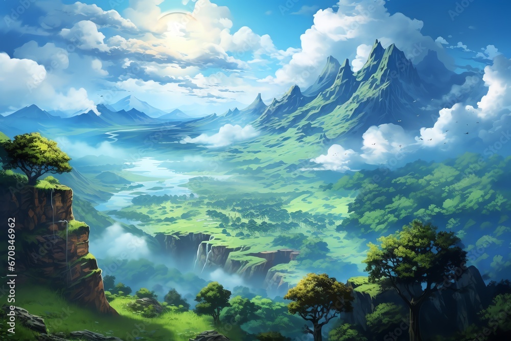 Fantasy landscape with mountains, hills, lake, meadow and sun. Anime style illustration - obrazy, fototapety, plakaty 
