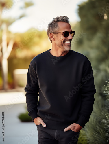 portrait of older man dad grandpa person in a black sweatshirt mockup and sunglasses outside home house during autumn fall for the holidays