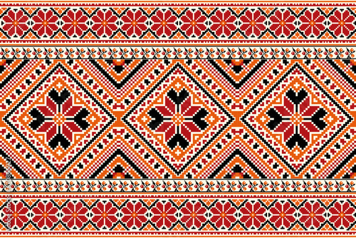 flower embroidery on cream background. ikat and cross stitch geometric seamless pattern ethnic oriental traditional. Aztec style illustration design for carpet, wallpaper, clothing, wrapping, batik.