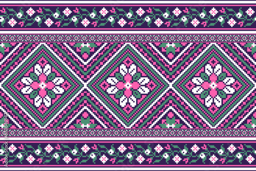 flower embroidery on purple background. ikat and cross stitch geometric seamless pattern ethnic oriental traditional. Aztec style illustration design for carpet, wallpaper, clothing, wrapping, batik.