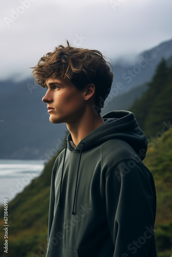 editorial fashion lifestyle portrait side view of a young man guy looking into the distance on a mountain cliff