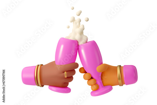 Vector 3d woman hands holding wine glass with champagne. Render diversity illustration, girls arm in pink with gold bracelets isolated on white background. Cartoon icon toast concept