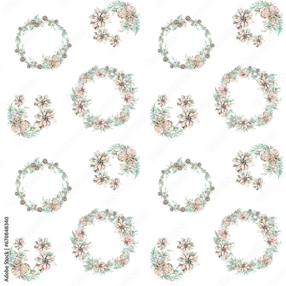 Seamless pattern with watercolor Christmas wreathes