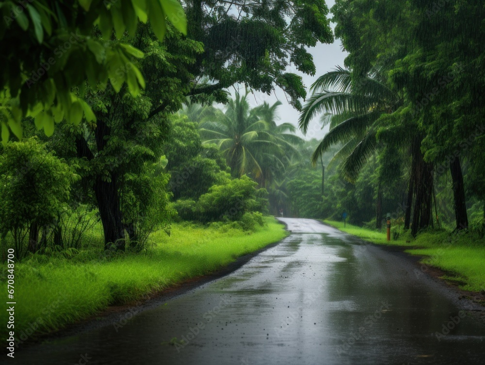 Atmosphere of the Indian monsoon season, with raindrops, lush greenery, and cloudy skies