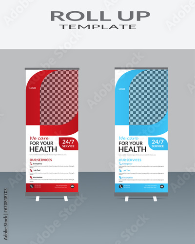 Creative health care and medical roll up design,  standing banner template decoration for exhibition, printing.