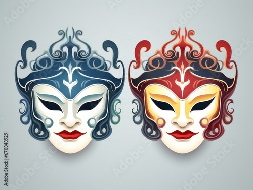 Illustration of two opera masks. Blue and red.