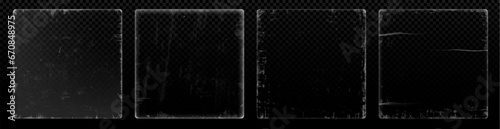 Worn grunge vinyl frame - realistic transparent vector illustration mockup with old texture and distressed paper cover with overlay effect. Square pattern for retro CDs with aged rough edge.