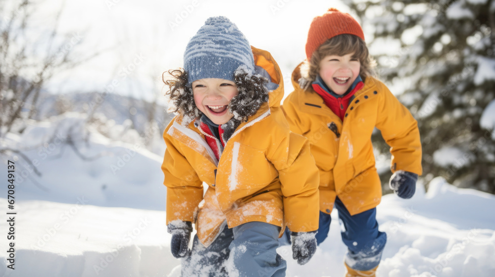 A group of children from different winter backgrounds wearing colorful clothes play together in the open air