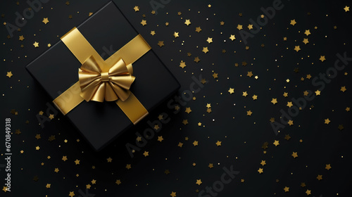 Gift box with golden bow and confetti on black background