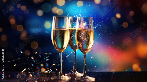 A two glass of sparkling wine on a colorful confetti on blur festive background